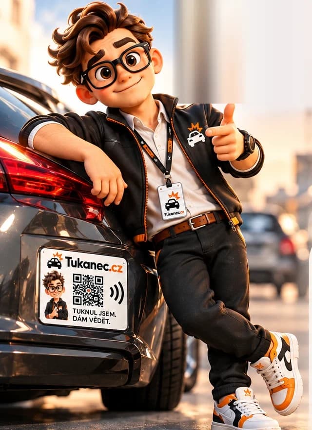Maskot Tukanec opřený o auto se štítkem Tukanec